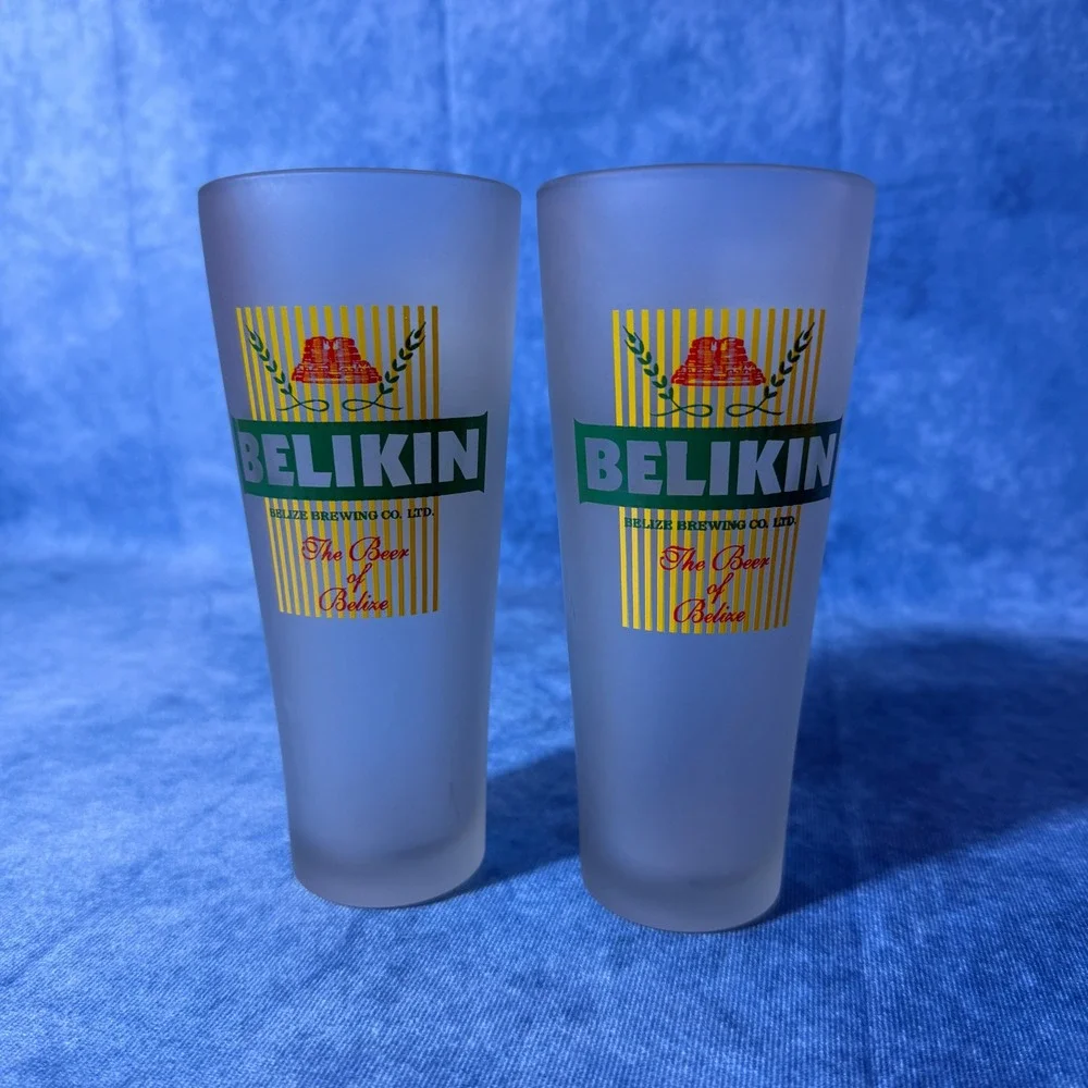 Belikin Beer Frosted Pint Glasses Set of 2 Belize Brewing Bar Pub Glasses 7